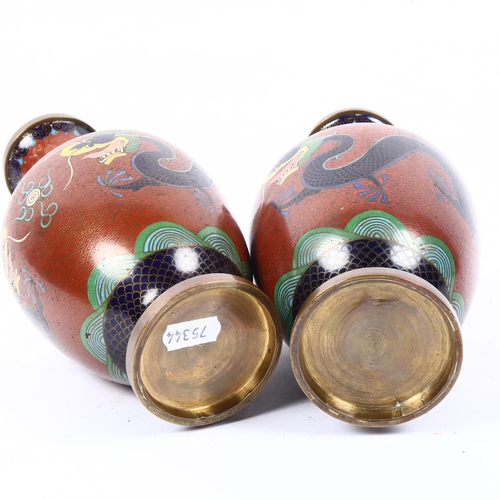 649 - A pair of cloisonne vases with dragon decoration, 23cm