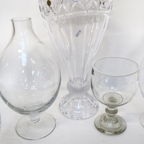 651 - A pair of bulbous glass vases on feet, height 34cm, 2 large goblets, and a glass vase