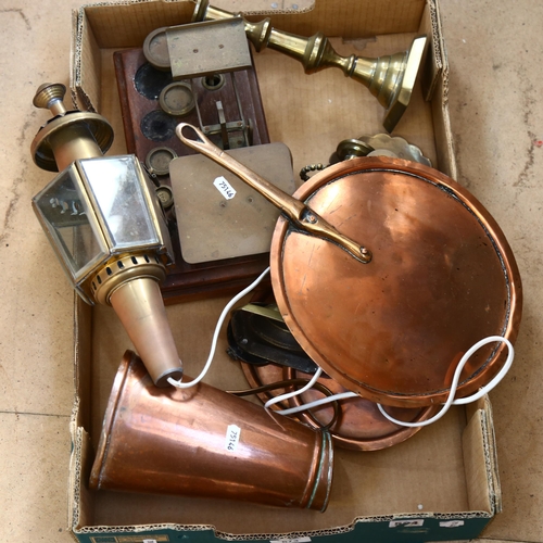 673 - Copper jug, porch lamp, candlesticks etc