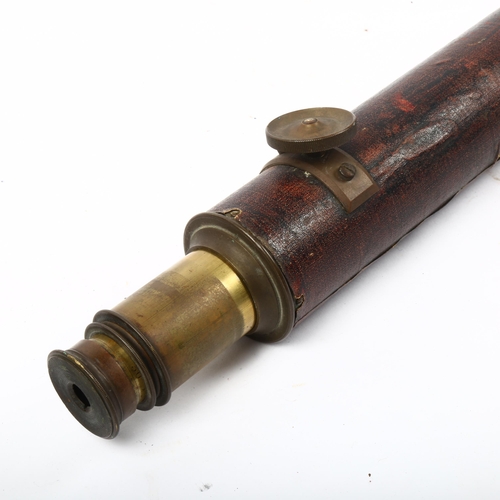 677 - Vintage brass leather-covered table telescope, on brass tripod