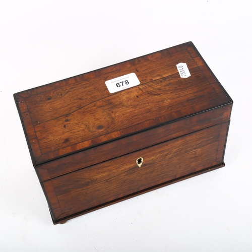 678 - Inlaid mahogany tea caddy, containing razors, collapsible beaker, coins etc