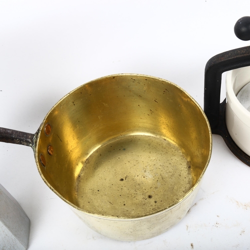 690 - Victorian brass pan with iron handle, a crush, and a coffee pot