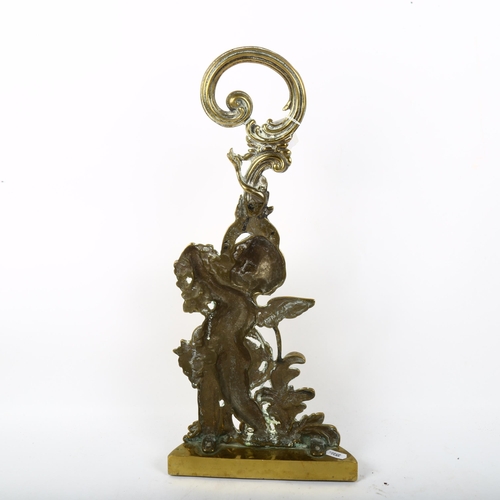 702 - Vintage brass cherub doorstop, height 48cm, and a gilt-brass furniture mount with Victorian lozenge ... 