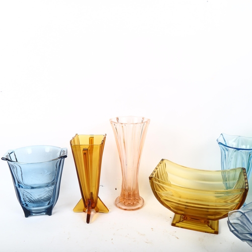 735 - Art Deco coloured moulded glass, including vases and fruit bowls