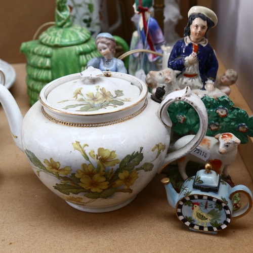 741 - A Royal Doulton figure, Sweet Anne, HN1318, Staffordshire figures, teapots, and a lamp