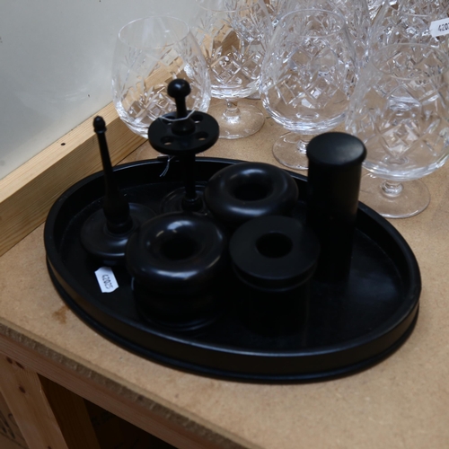 742 - Ebony dressing table items, crystal Champagne flutes, Brandy balloons etc