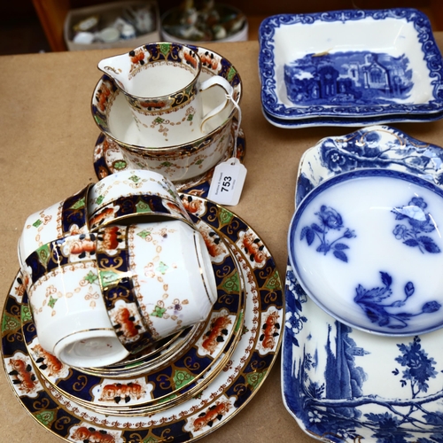 753 - Blue and white Abbey pattern Shredded Wheat dishes, decorative Victorian plates, and an Edwardian pa... 