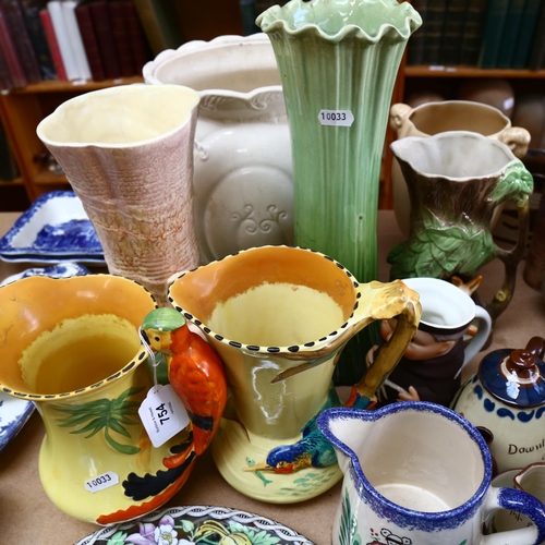 754 - 2 Burleigh Ware jugs with bird figures, 20cm, Maling plate, Eastgate Fauna jug etc