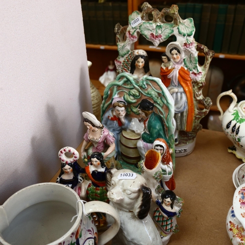 756 - A graduated set of 5 Victorian jugs, various Staffordshire figures, tallest 32cm