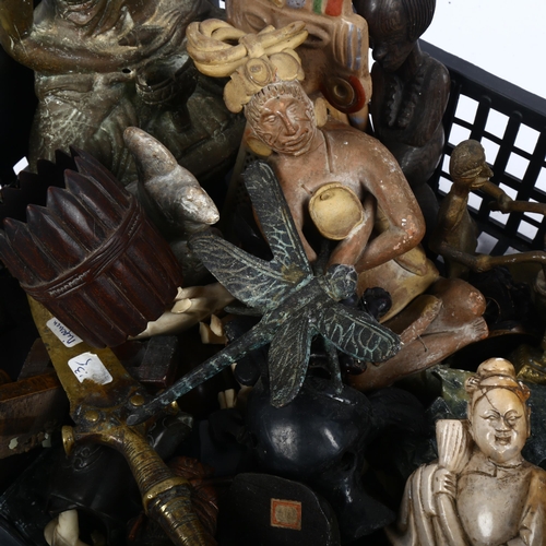 762 - Various figures, including carved soapstone, brass Gods, a knife etc