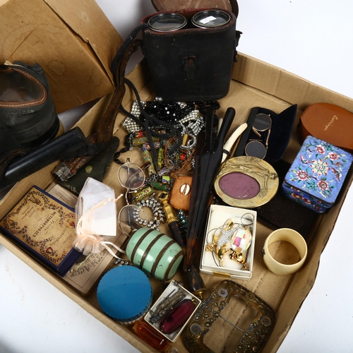 764 - Binoculars, gas mask, costume jewellery, enamel box etc