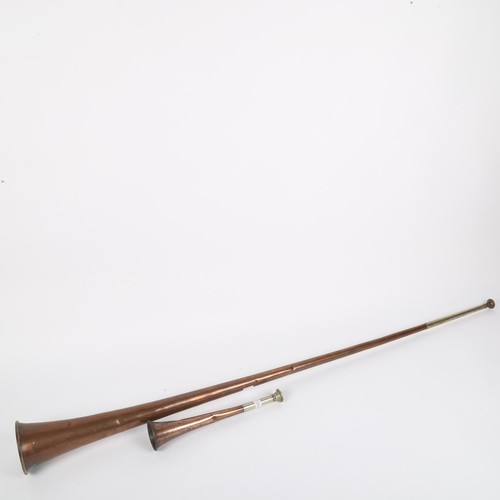 340 - A 19th century Kohler & Son copper and nickel hunting horn, and a similar copper and nickel coaching... 