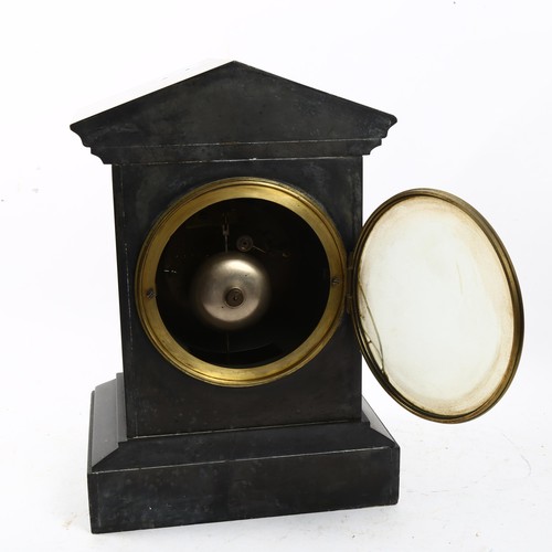 528 - An early 20th century slate architectural 8-day mantel clock, height 30cm