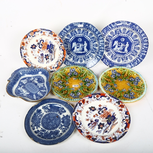 464 - A pair of Victorian Majolica pansy plates, blue and white plates etc