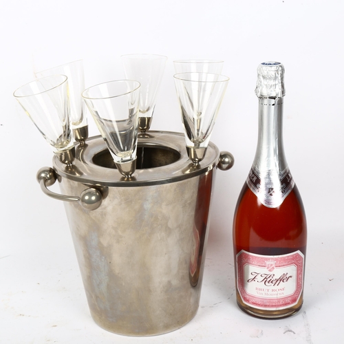 469 - Electroplate Champagne bucket set, containing 6 glass flowerhead Champagne flutes, bucket height 21c... 