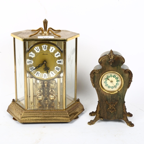 478 - Kundo quartz mantel clock, and Art Nouveau stained pine clock, height 19cm (2)