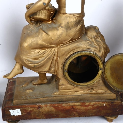 491 - A French red veined marble and gilded spelter figural 3-piece clock garniture, case height 42cm