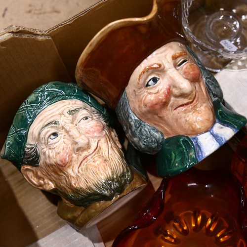 502 - Various glass and ceramics, including Royal Doulton character jugs, decanters etc (boxful)