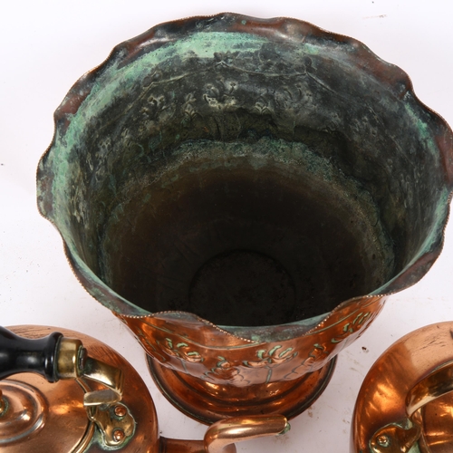 884 - Antique copper planter with acanthus leaf design, height 23.5cm, and 2 Victorian copper kettles