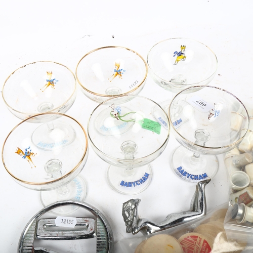 887 - A set of Babycham glasses, dominoes, thimbles, Deco figure etc