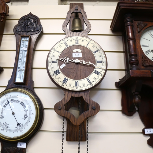 913 - A wall clock with bell, a Telma wall clock, and an ornate 2-train wall clock in carved case, height ... 