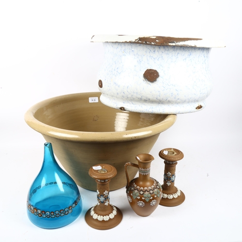 918 - A crock, diameter 50cm, enamel footbath, Doulton candlesticks and vase etc