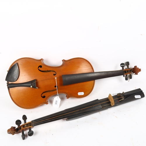 928 - A violin, back length 36cm, and another stringed instrument