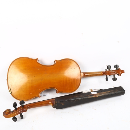 928 - A violin, back length 36cm, and another stringed instrument