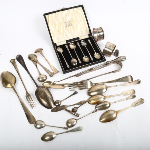 1088 - Various silver cutlery, including Georgian spoons, sugar tongs, replica seal top spoon etc, 15.8oz w... 