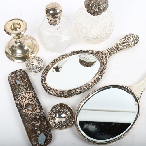 1101 - Various silver, including glass dressing table jar, lids, hand mirrors etc