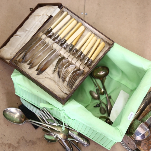 1111 - Various silver plate, including dressing table tray, sugar caster etc (boxful)