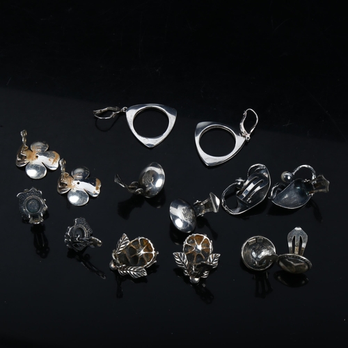 1139 - 7 pairs of silver clip earrings, including amber, pearl and malachite