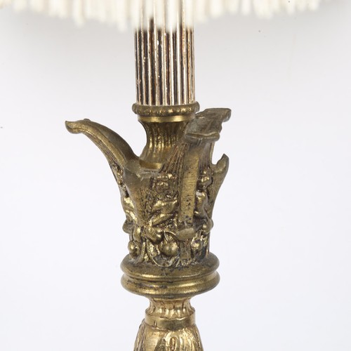 167 - An Antique brass table lamp and shade, overall height 90cm