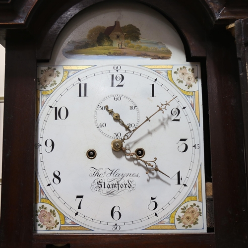 2423 - THOMAS HAYNES OF STAMFORD - a 19th century mahogany arch-top 8-day longcase clock, hand painted and ... 