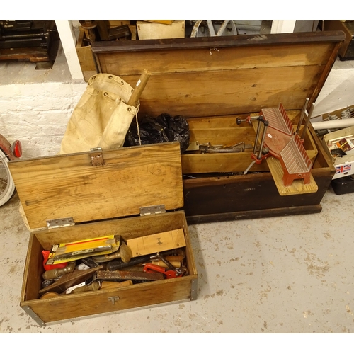 2694 - 2 stained pine toolboxes and a canvas bag, containing assorted Vintage tools