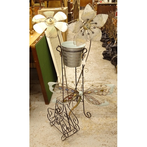 2718 - A galvanised ice bucket in stand, height overall 80cm, a painted metal magazine rack, 2 scrap metal ... 