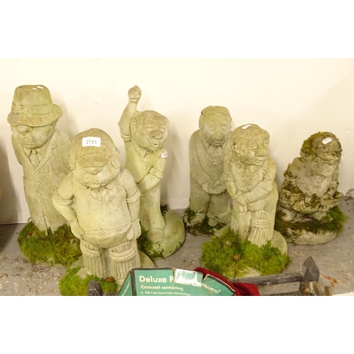 2721 - A set of 6 weathered concrete garden ornaments, in the form of cricket players, tallest 55cm