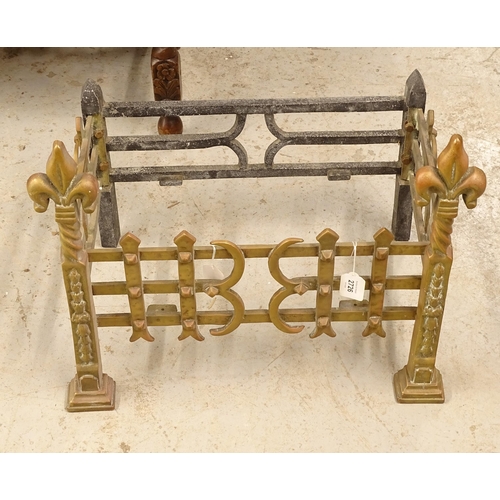 2726 - An Arts and Crafts design brass and cast-iron fireplace (missing grate), W54cm, H43cm, D34cm