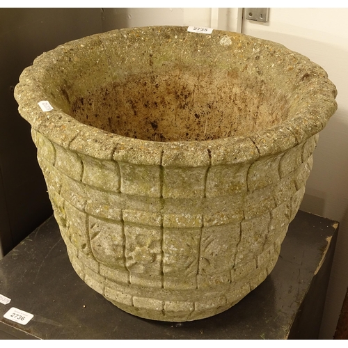 2735 - A weathered concrete garden pot, diameter 41cm, height 32cm