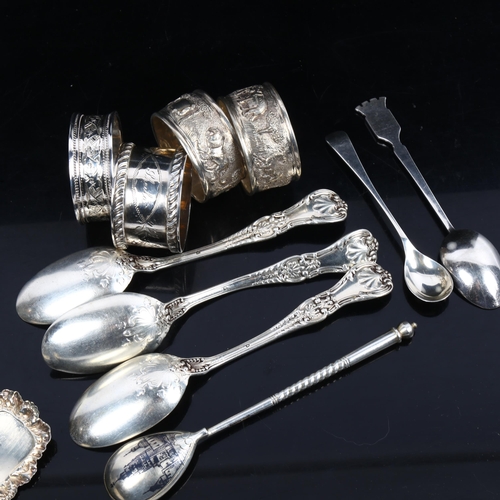 1167 - A 19th century Russian silver and niello spoon, silver Sherry decanter label, napkin rings and silve... 