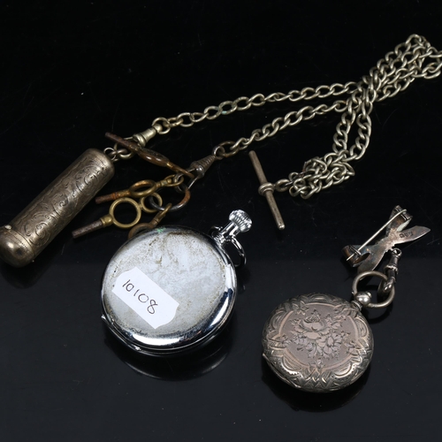 1169 - A Continental silver fob watch, a silver plated Albert chain, Excelsior Park stopwatch