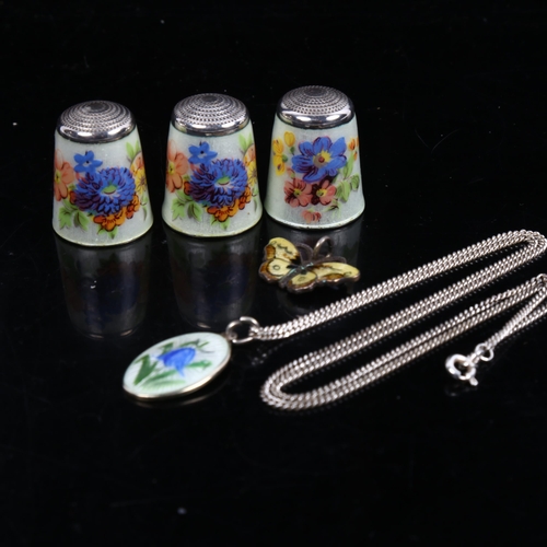 1176 - 3 silver and enamel thimbles, and 2 silver pendant necklaces