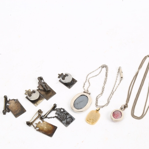 1178 - 6 Georg Jensen silver and red enamel Kingmark badges and brooches, a haematite pendant etc