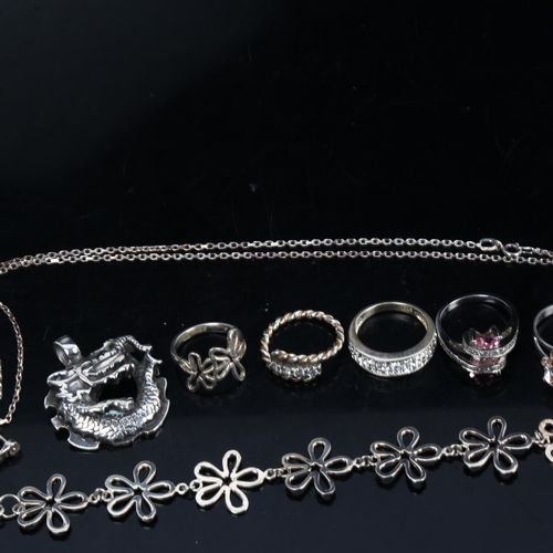 1179 - 5 sterling silver stone set rings, 1 matching bracelet, and 2 pendants