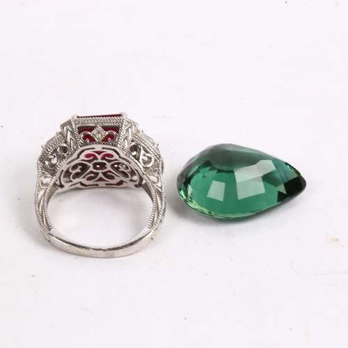 1183 - An unmounted pear-cut green amethyst, and a modern sterling silver ring (2)