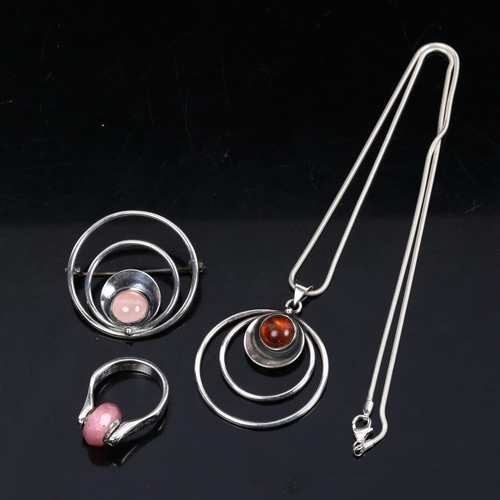 1190 - A Danish sterling silver stone set pendant necklace and brooch set, by Niels Erik From, and a Danish... 