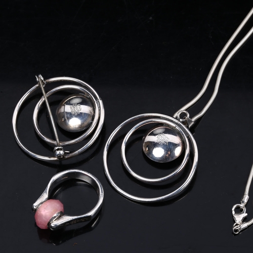 1190 - A Danish sterling silver stone set pendant necklace and brooch set, by Niels Erik From, and a Danish... 