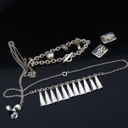 1196 - Various silver jewellery, including fringe necklace, charm bracelet, propeller necklace etc