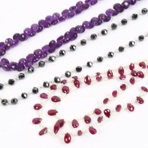 1199 - A single-strand pearl and ruby necklace and matching pendant earrings, an amethyst brilolite necklac... 