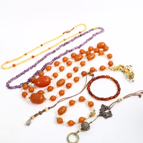 1209 - Various jewellery, including amethyst bead necklace, amber and pearl matching necklace and bracelet ... 